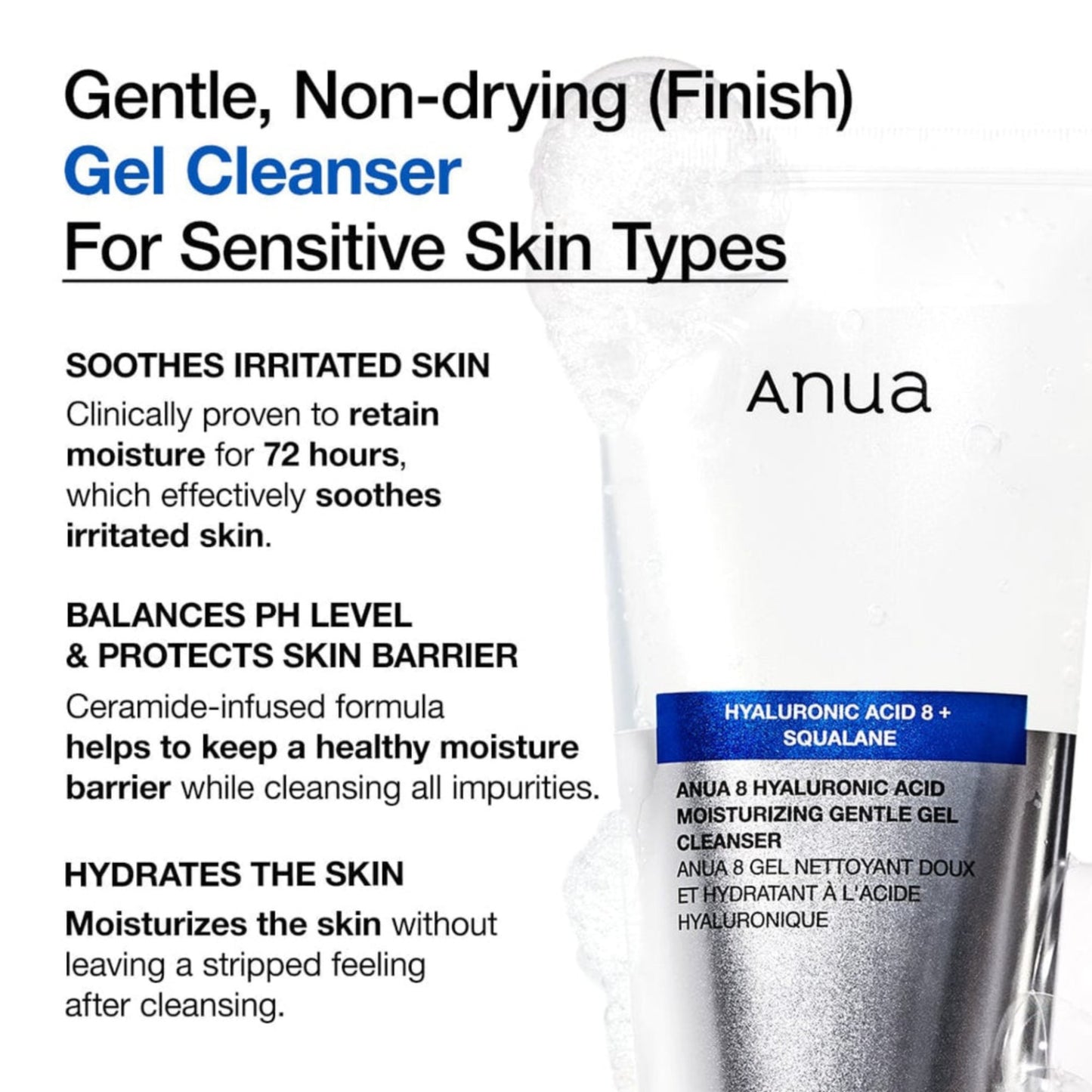 ANUA 8 Hyaluronic Acid Moisturizing Gentle Gel Cleanser, gel de curățare hidratant pentru o piele curată și catifelată