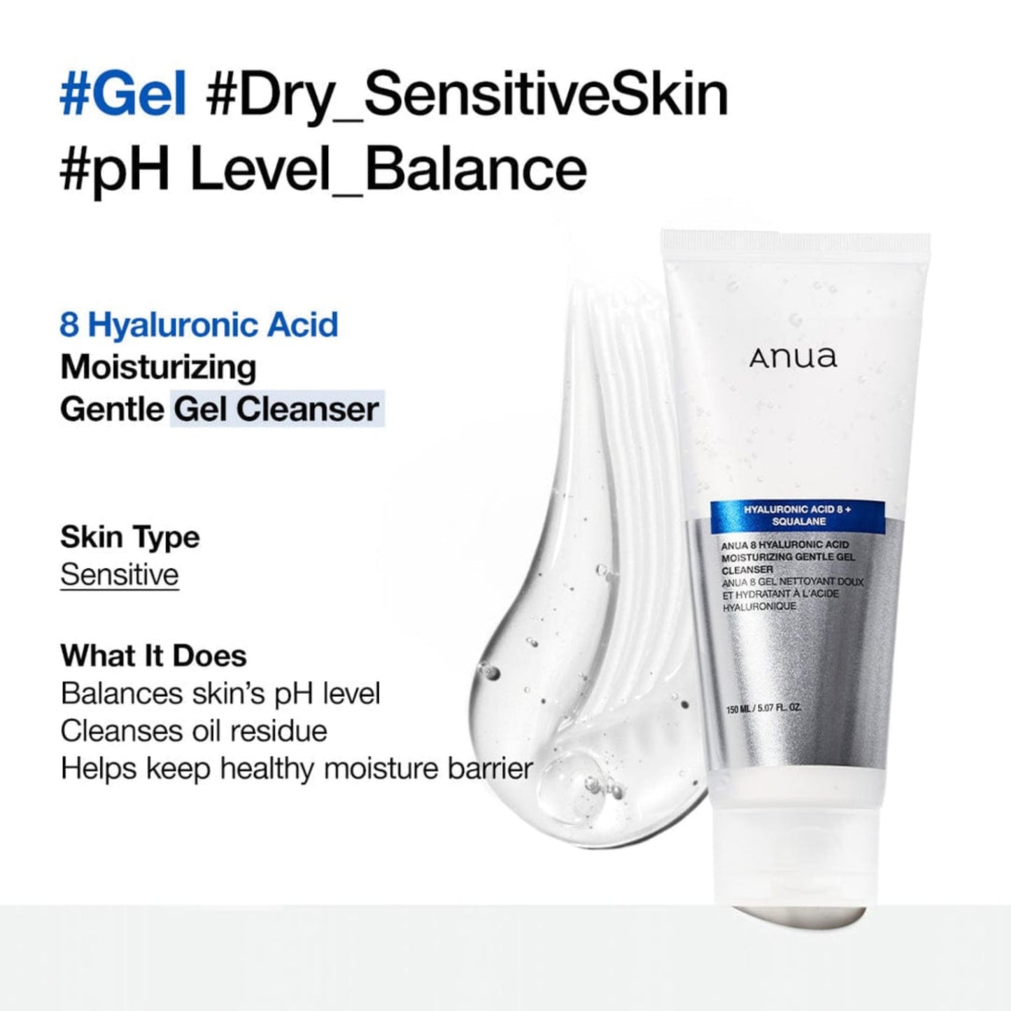 ANUA 8 Hyaluronic Acid Moisturizing Gentle Gel Cleanser, gel de curățare hidratant pentru o piele curată și catifelată