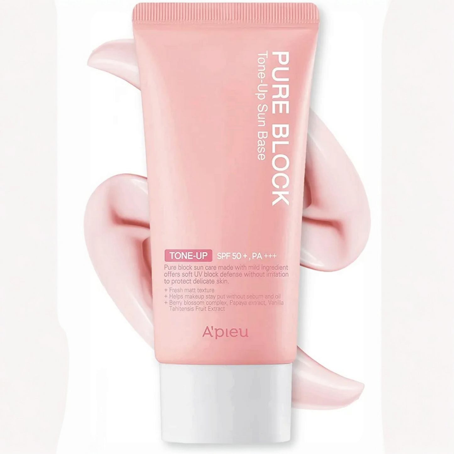 A'PIEU Pure Block Tone-Up Sun Base SPF50, cremă solară cu efect de iluminare care uniformizează și protejează tenul