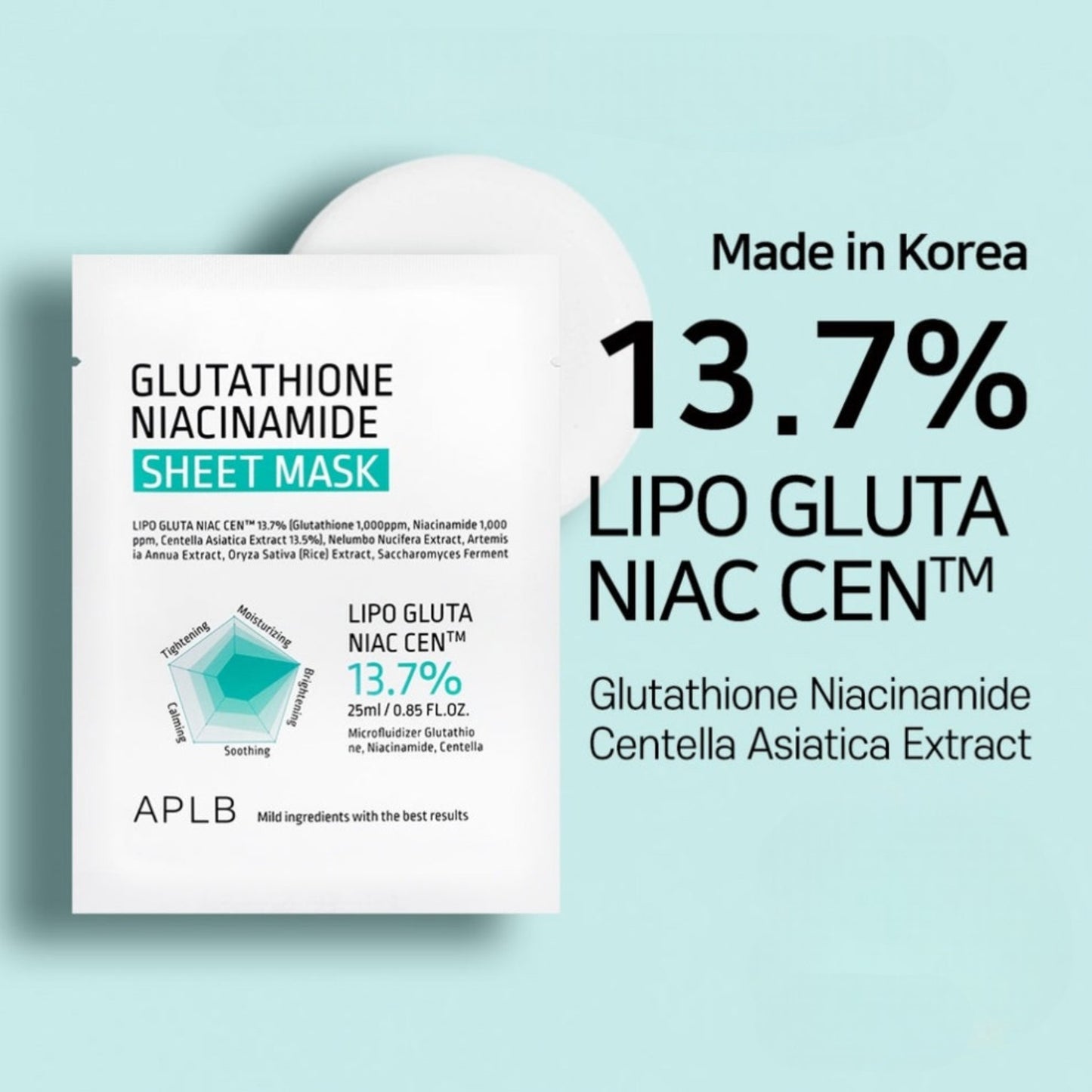 APLB Glutathione Niacinamide Sheet Mask, mască facială iluminatoare care hidratează și uniformizează tonul pielii