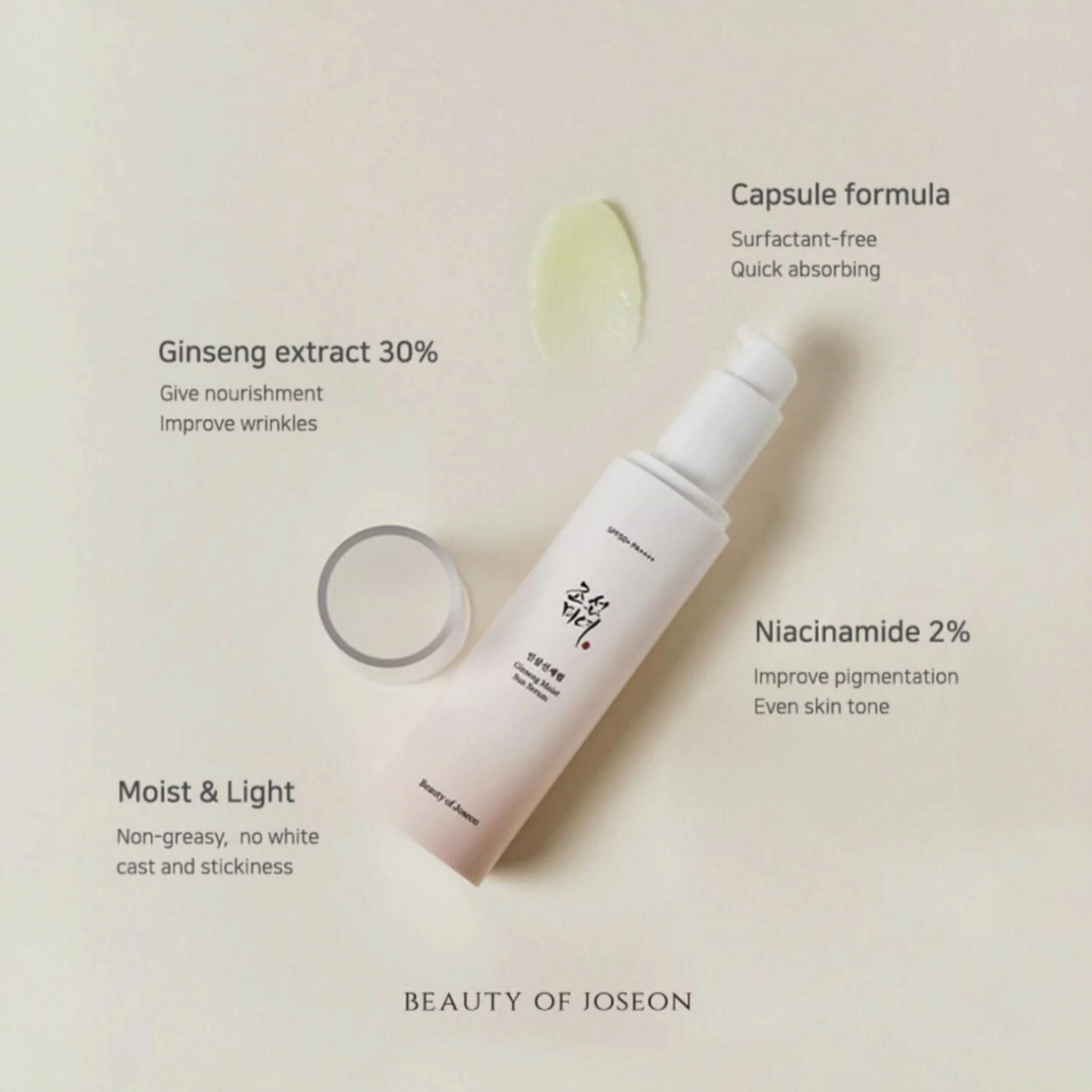 BEAUTY OF JOSEON Ginseng Moist Sun Serum SPF50, ser cu protecție solară care hidratează și revitalizează pielea