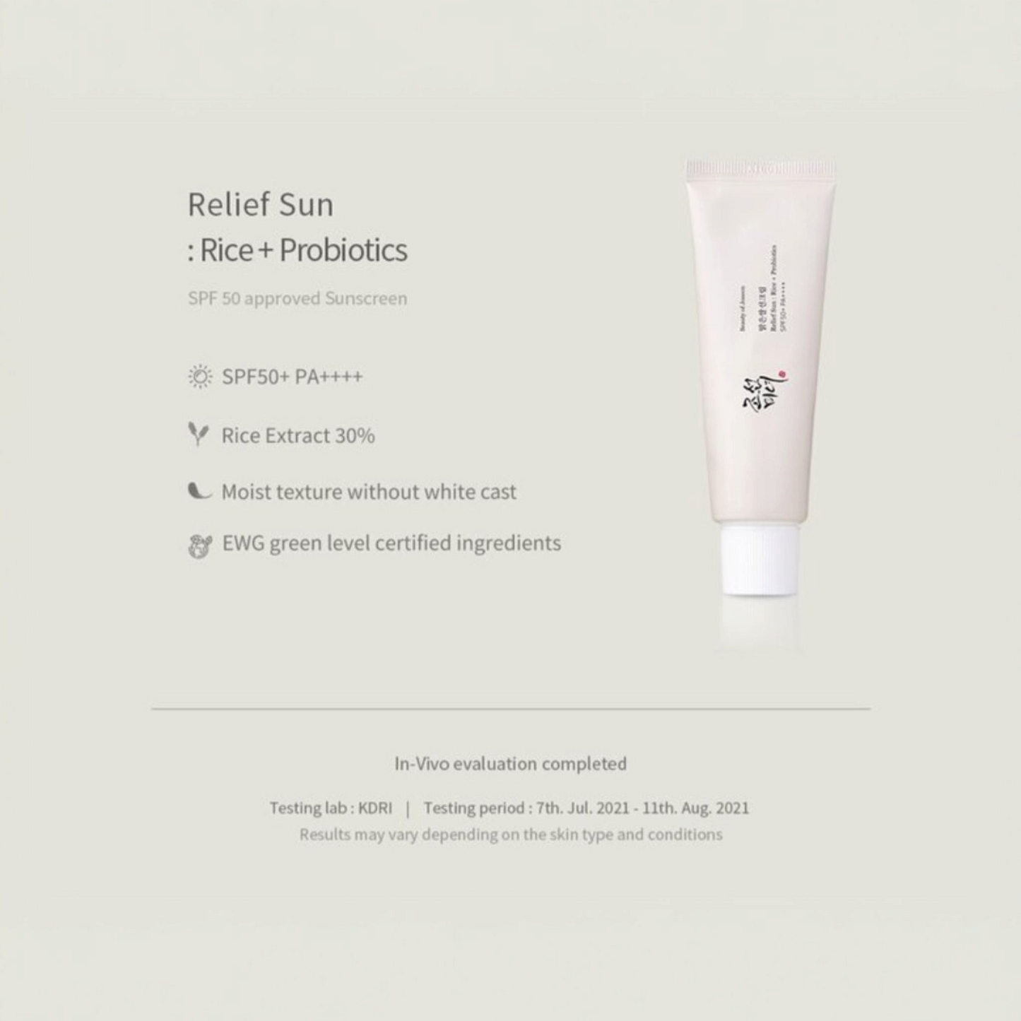 BEAUTY OF JOSEON Relief Sun Rice + Probiotics SPF50, cremă solară hrănitoare care hidratează și protejează tenul sensibil