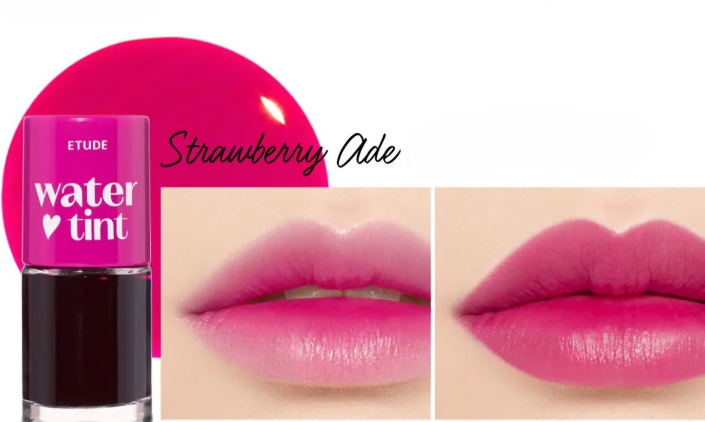 ETUDE Dear Darling Water Tint 01 Strawberry Ade, tint de buze roșu căpșună care oferă culoare fructată și prospețime de lungă durată