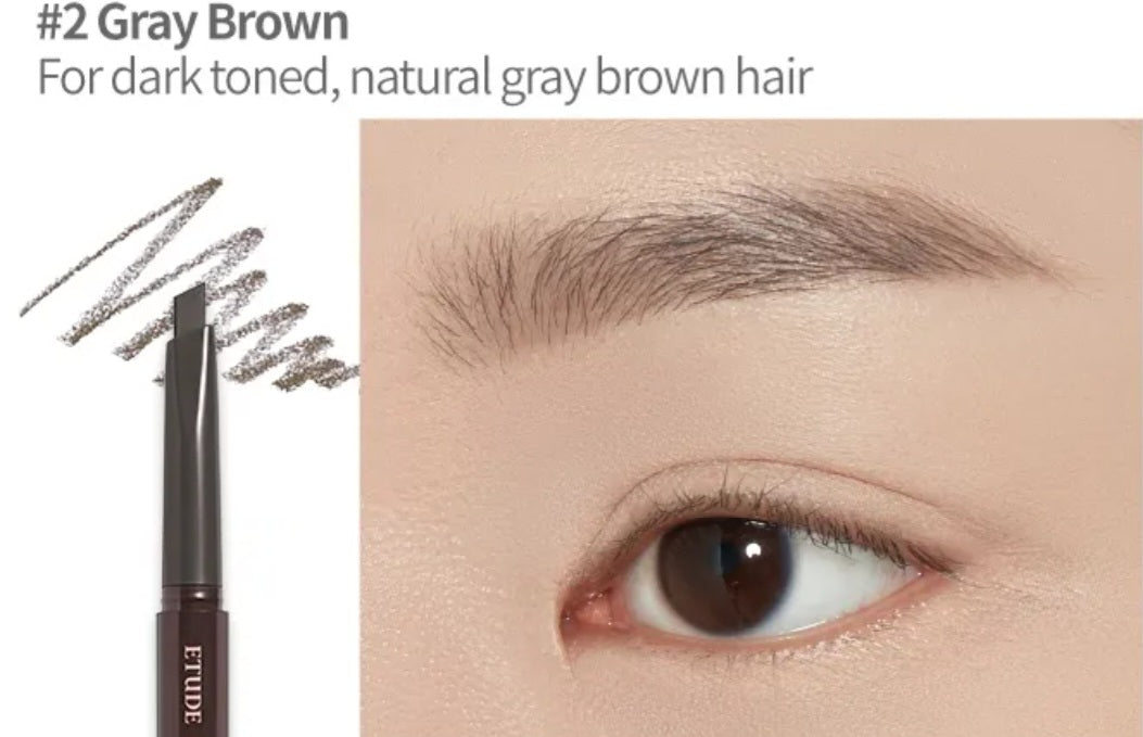 ETUDE Drawing Eye Brow 02 Gray Brown, creion pentru sprâncene maro-cenușiu care conturează și umple sprâncenele natural