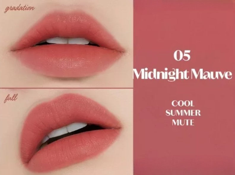 ETUDE Fixing Tint 05 Midnight Mauve, ruj lichid rezistent care oferă buzelor culoare intensă și confort de lungă durată