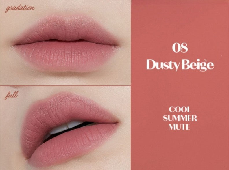 ETUDE Fixing Tint 08 Dusty Beige, ruj lichid rezistent care oferă buzelor culoare intensă și confort de lungă durată
