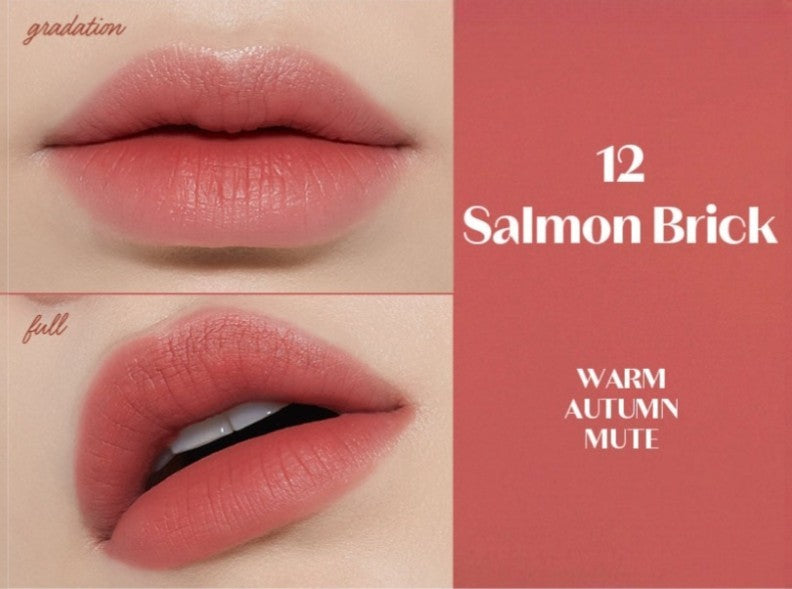 ETUDE Fixing Tint 12 Salmon Brick, ruj lichid rezistent care oferă buzelor culoare intensă și confort de lungă durată