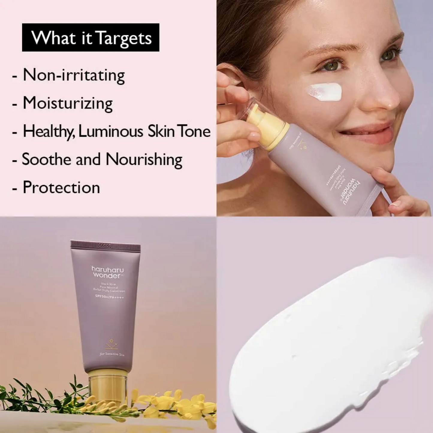 HARUHARU Wonder Black Rice Pure Mineral Relief Daily Sunscreen SPF50, cremă solară minerală care calmează și protejează pielea zilnic