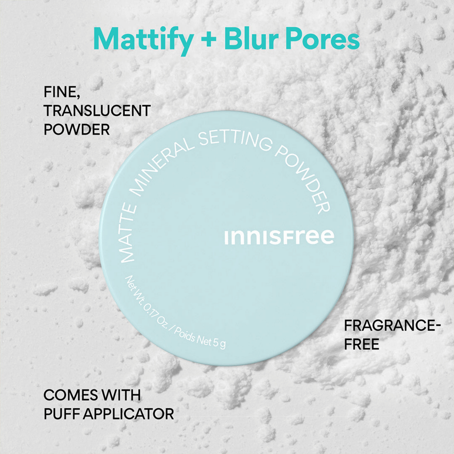 INNISFREE No-Sebum Mineral Powder, pudră minerală matifiantă care controlează excesul de sebum și lasă pielea catifelată
