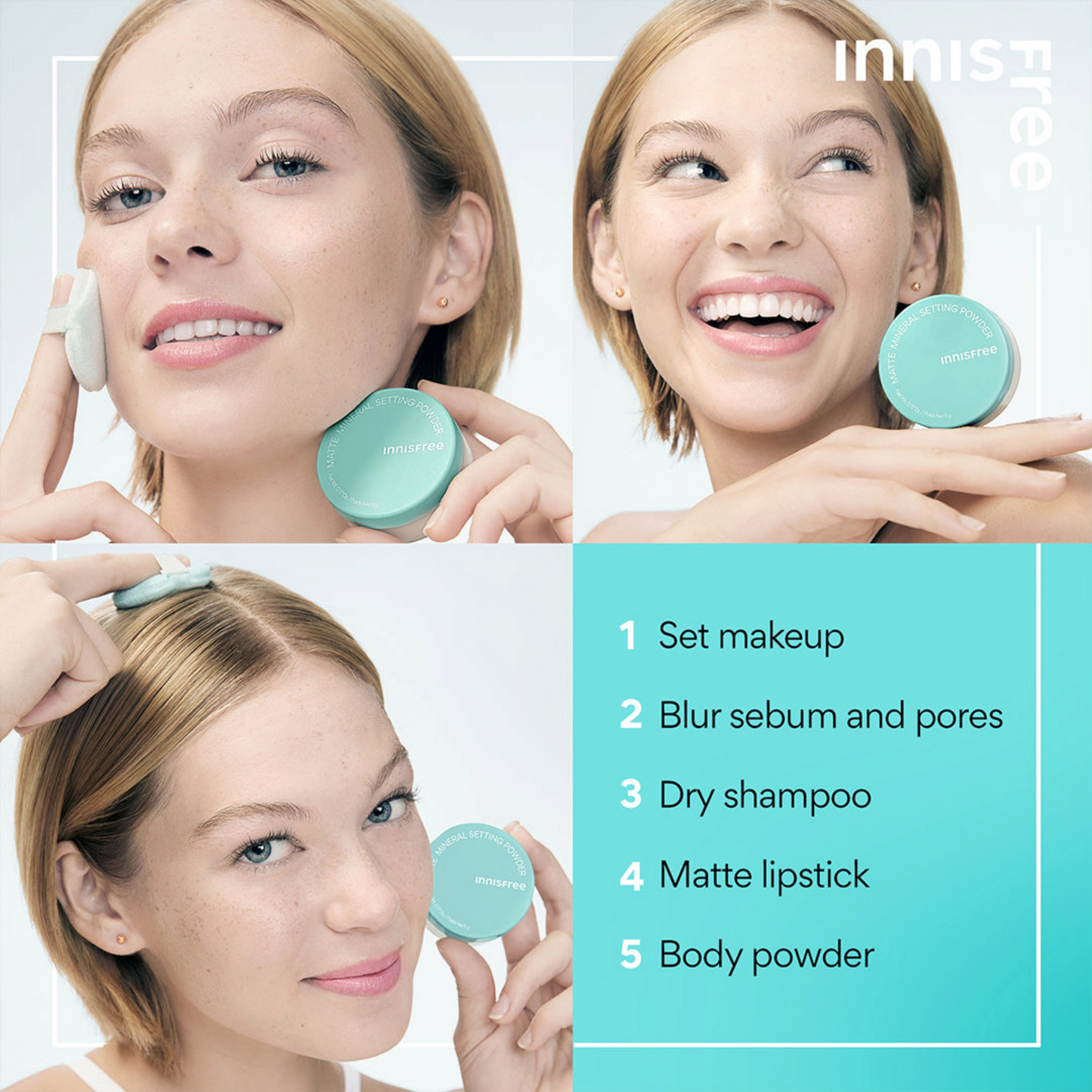 INNISFREE No-Sebum Mineral Powder, pudră minerală matifiantă care controlează excesul de sebum și lasă pielea catifelată