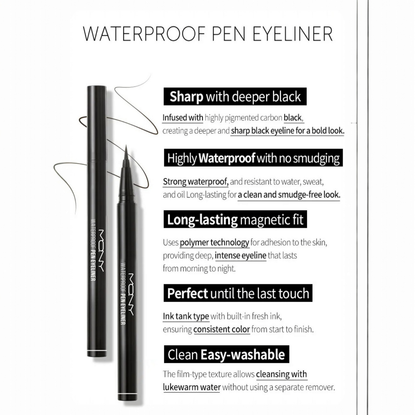 MACQUEEN MQNY Waterproof Pen Eyeliner, tuș de ochi rezistent la apă pentru un contur precis și de lungă durată