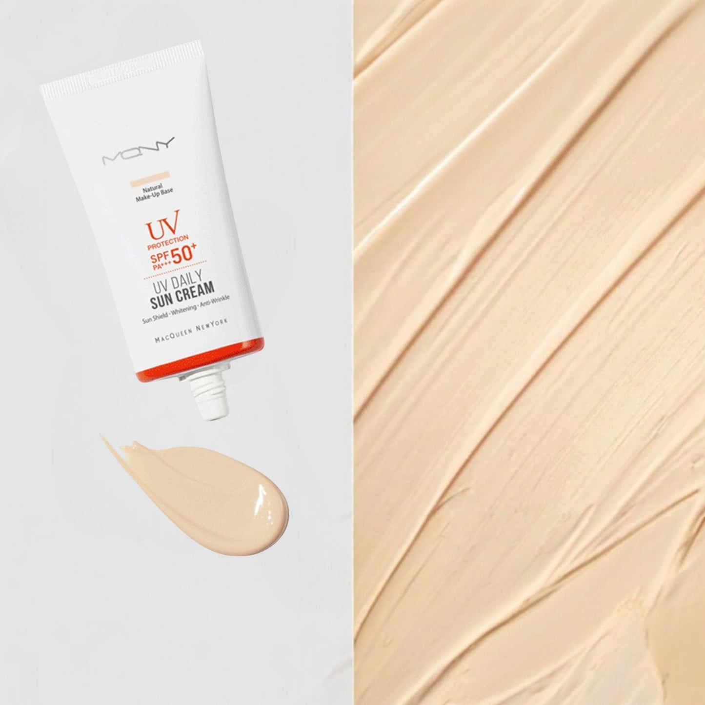 MACQUEEN UV Daily Sun Cream Natural Make-Up Base SPF50, cremă de protecție solară cu efect de bază de machiaj naturală și luminoasă
