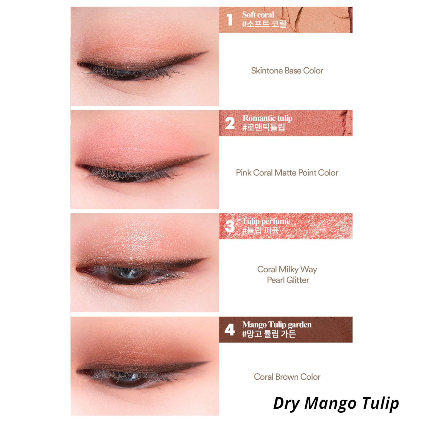 ROM&ND Better Than Eyes 01 Dry Mango Tulip, paletă de farduri în nuanțe calde de mango și corai pentru un machiaj proaspăt și luminos