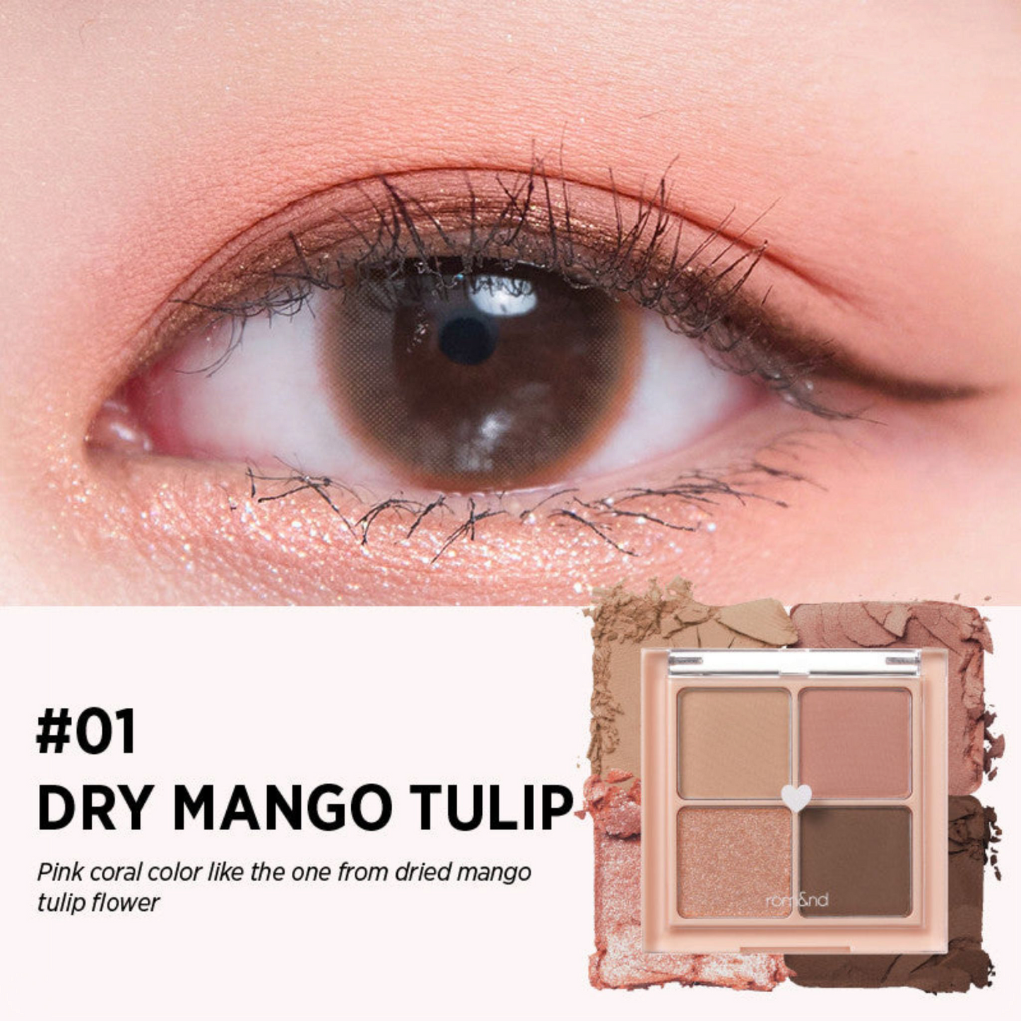 ROM&ND Better Than Eyes 01 Dry Mango Tulip, paletă de farduri în nuanțe calde de mango și corai pentru un machiaj proaspăt și luminos