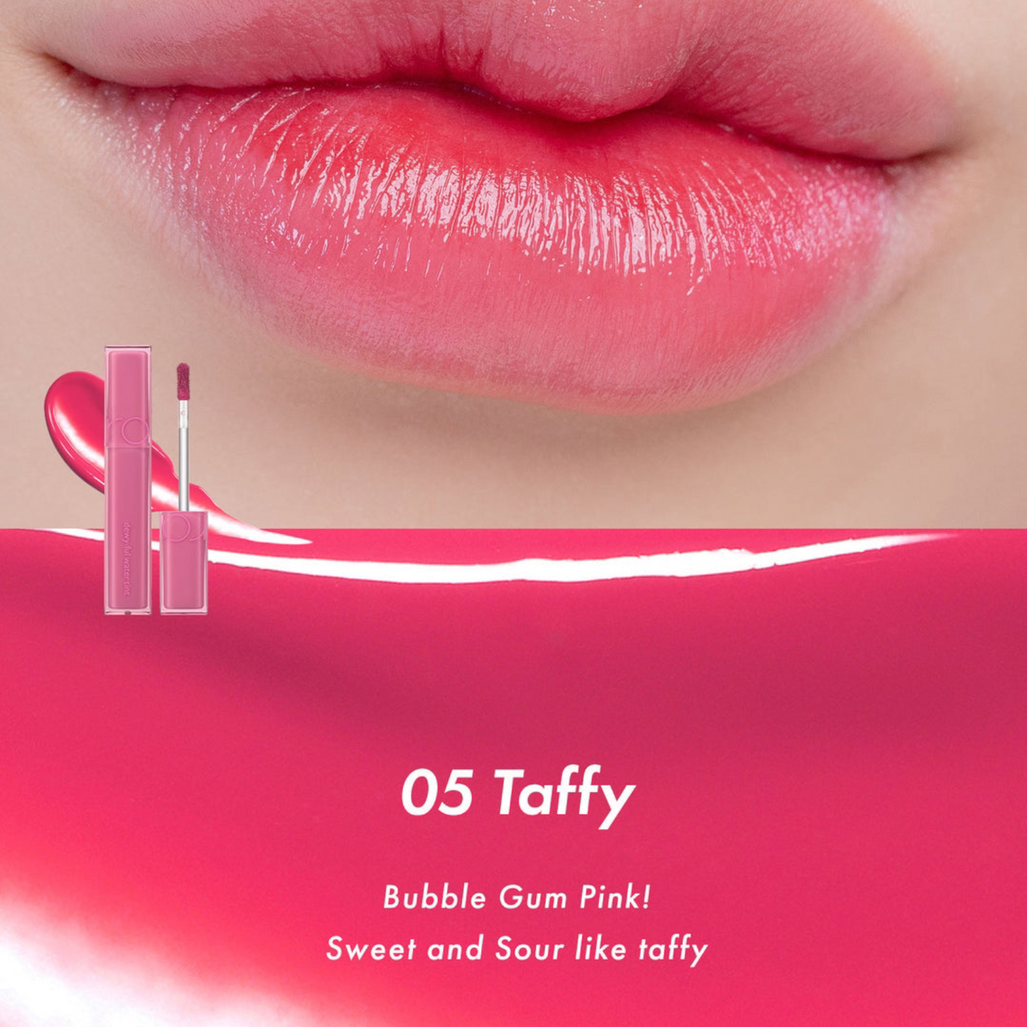 ROM&ND Dewyful Water Tint 05 Taffy, ruj lichid roz caramel care oferă buzelor o culoare dulce și un luciu delicat