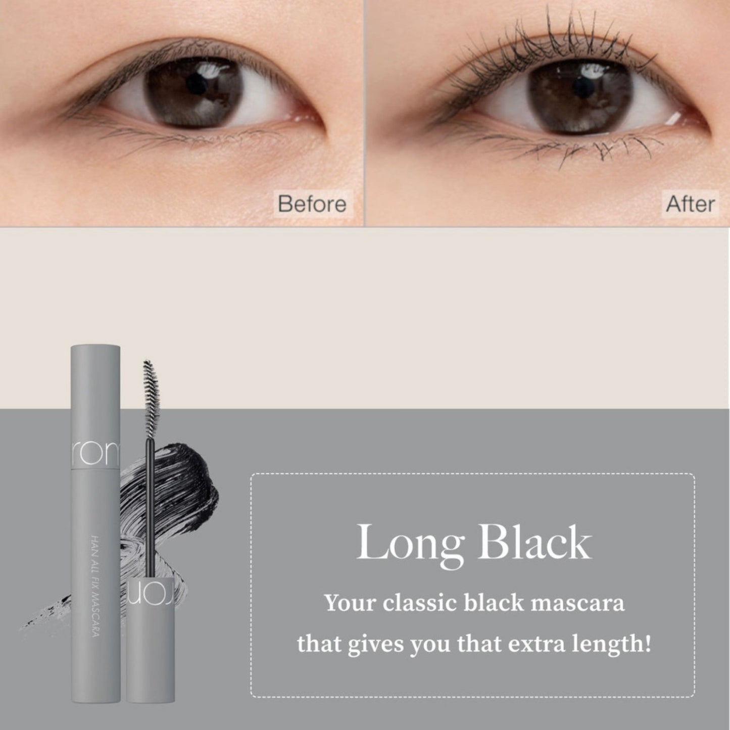ROM&ND Han All Fix Mascara L01 Long Black, mascara neagră pentru alungire și definire elegantă a genelor