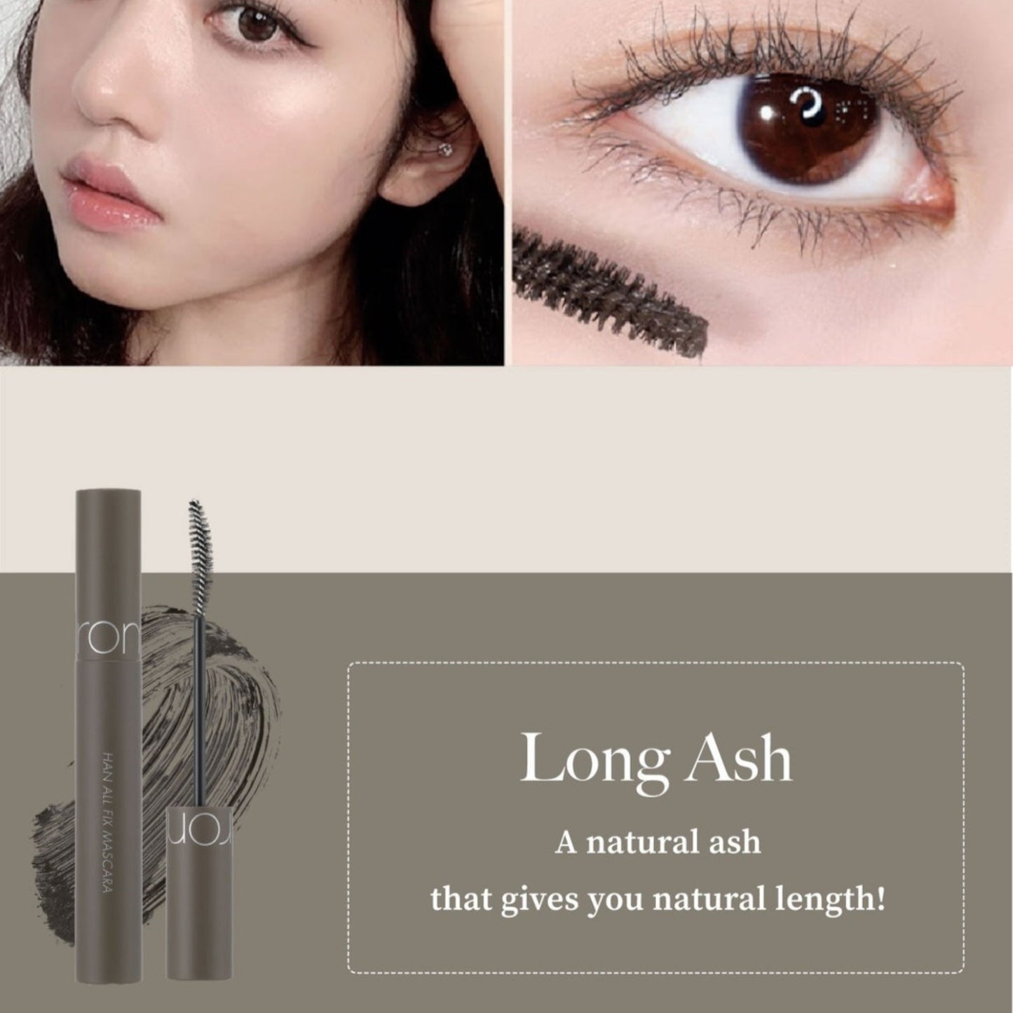 ROM&ND Han All Fix Mascara L02 Long Ash, mascara gri-cenușiu pentru alungire naturală și definire subtilă a genelor