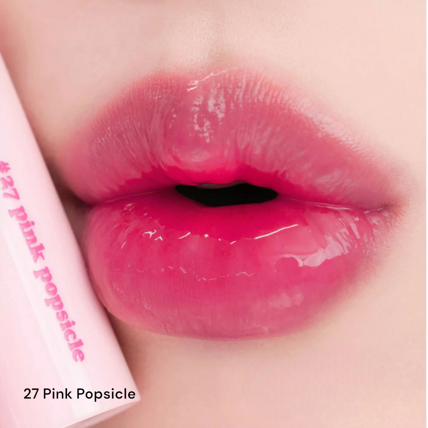 ROM&ND Juicy Lasting Tint 27 Pink Popsicle, ruj lichid roz vibrant care oferă buzelor culoare intensă și luciu proaspăt