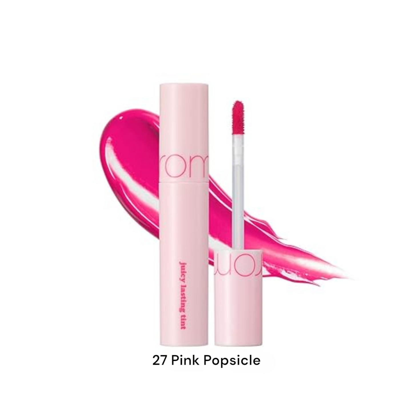 ROM&ND Juicy Lasting Tint 27 Pink Popsicle, ruj lichid roz vibrant care oferă buzelor culoare intensă și luciu proaspăt