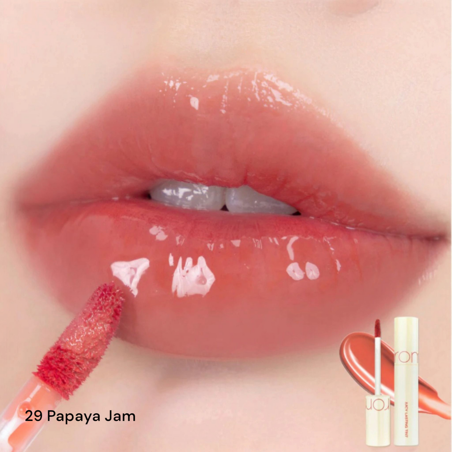 ROM&ND Juicy Lasting Tint 29 Papaya Jam, ruj lichid corai-papaya care oferă buzelor culoare fructată și luciu fresh