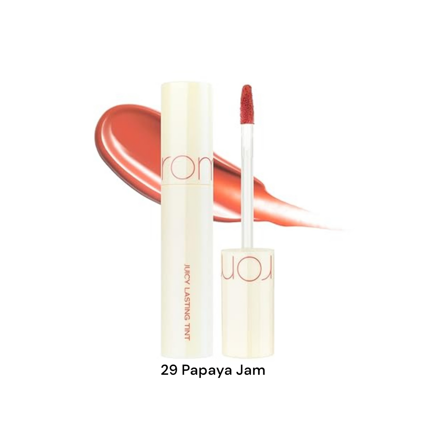 ROM&ND Juicy Lasting Tint 29 Papaya Jam, ruj lichid corai-papaya care oferă buzelor culoare fructată și luciu fresh