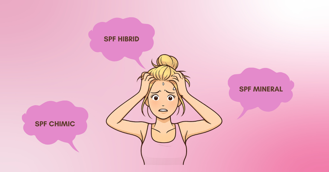 Ilustratie cu tipuri de SPF – mineral, chimic si hibrid – pentru alegerea protectiei solare potrivite