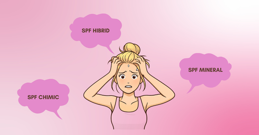 Ilustratie cu tipuri de SPF – mineral, chimic si hibrid – pentru alegerea protectiei solare potrivite