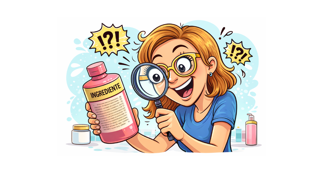 Caricatura cu femeie zambitoare care analizeaza lista de ingrediente a unui produs cosmetic