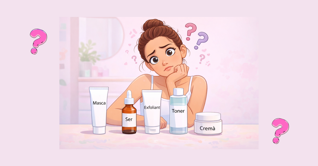 Femeie confuza privind produse de ingrijire a tenului masca ser toner exfoliant crema