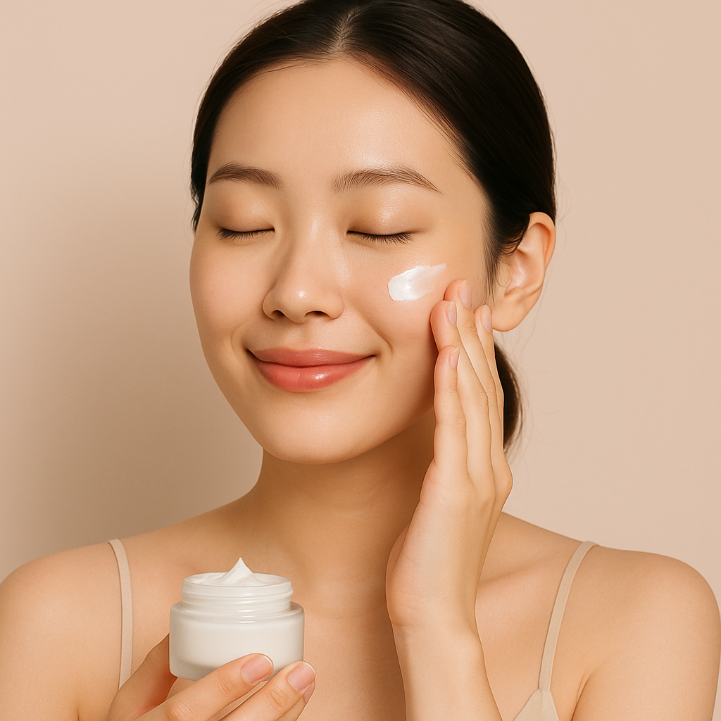 Fata aplicand crema de fata coreeana hidratanta, ten luminos K-beauty