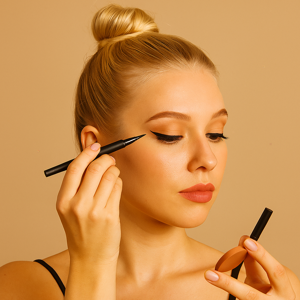 Femeie blonda isi aplica eyeliner negru