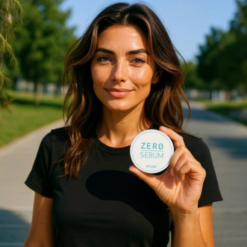 Femeie care tine pudra Zero Sebum Etude pentru ten matifiat