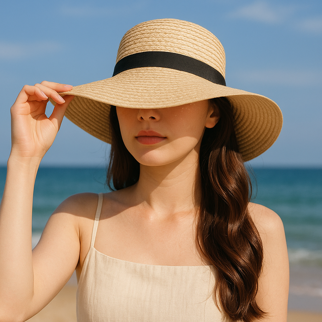 femeie cu palarie pe plaja, protectie solara SPF