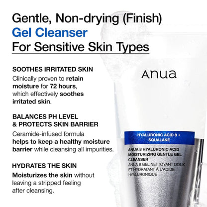 ANUA 8 Hyaluronic Acid Moisturizing Gentle Gel Cleanser, gel de curățare hidratant pentru o piele curată și catifelată