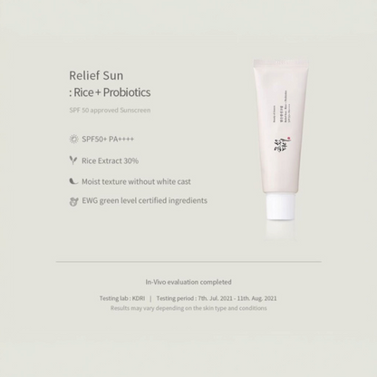 BEAUTY OF JOSEON Relief Sun Rice + Probiotics SPF50, mini cremă solară hrănitoare care hidratează și protejează tenul