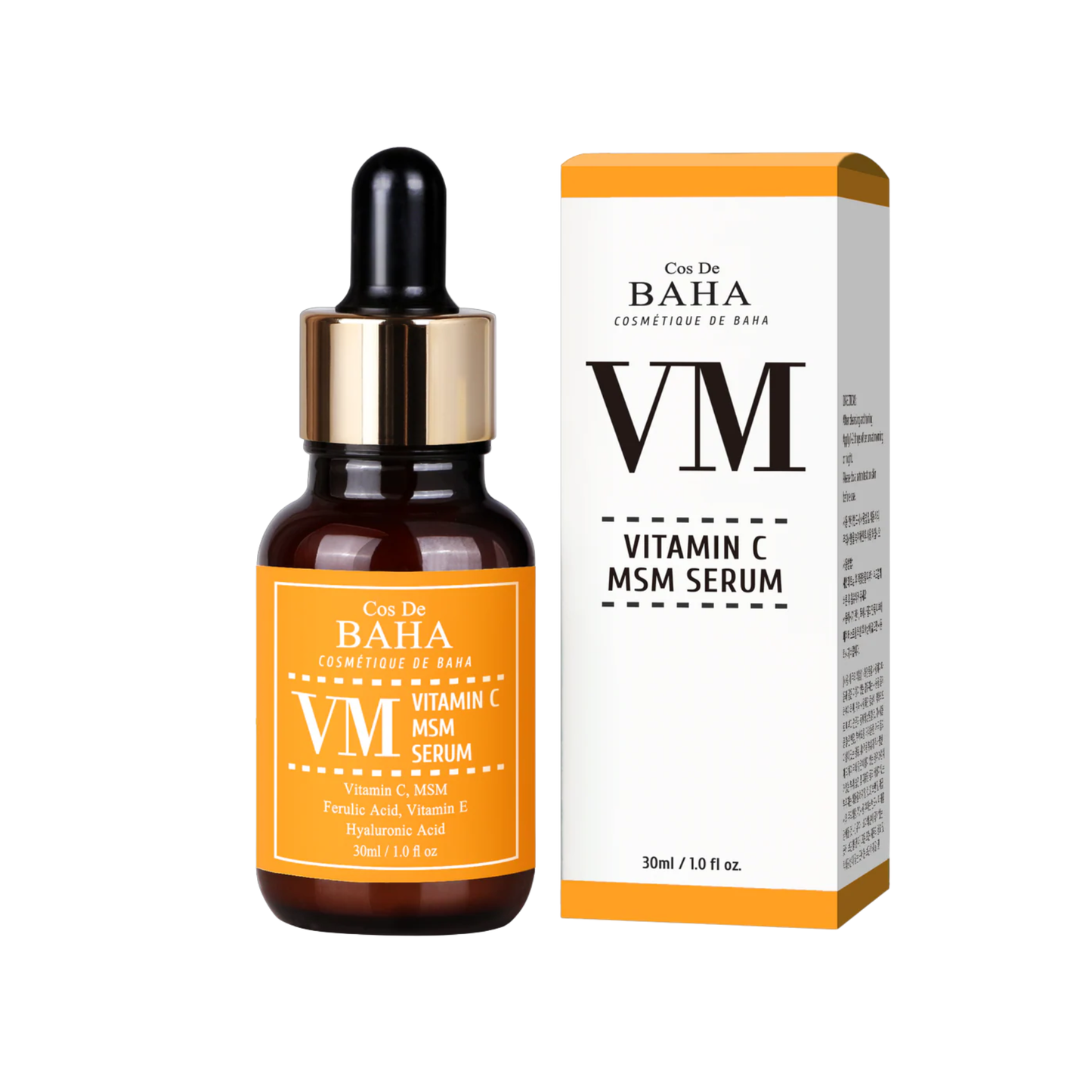 Cos de Baha vitamin c msm serum vm 30 ml ser pentru luminozitate si sustinerea elasticitatii pielii, flacon si cutie.