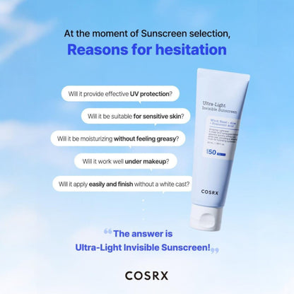 Crema solara COSRX Ultra Light Invisible Sunscreen SPF50 50ml, textura usoara si invizibila
