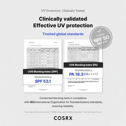 Crema solara COSRX Ultra Light Invisible Sunscreen SPF50 50ml, textura usoara si invizibila

