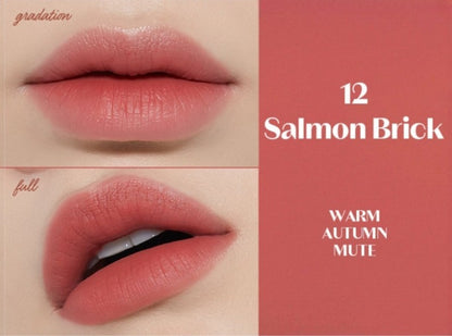 ETUDE Fixing Tint 12 Salmon Brick, ruj lichid rezistent care oferă buzelor culoare intensă și confort de lungă durată