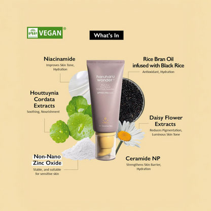 HARUHARU Wonder Black Rice Pure Mineral Relief Daily Sunscreen SPF50, cremă solară minerală care calmează și protejează pielea zilnic