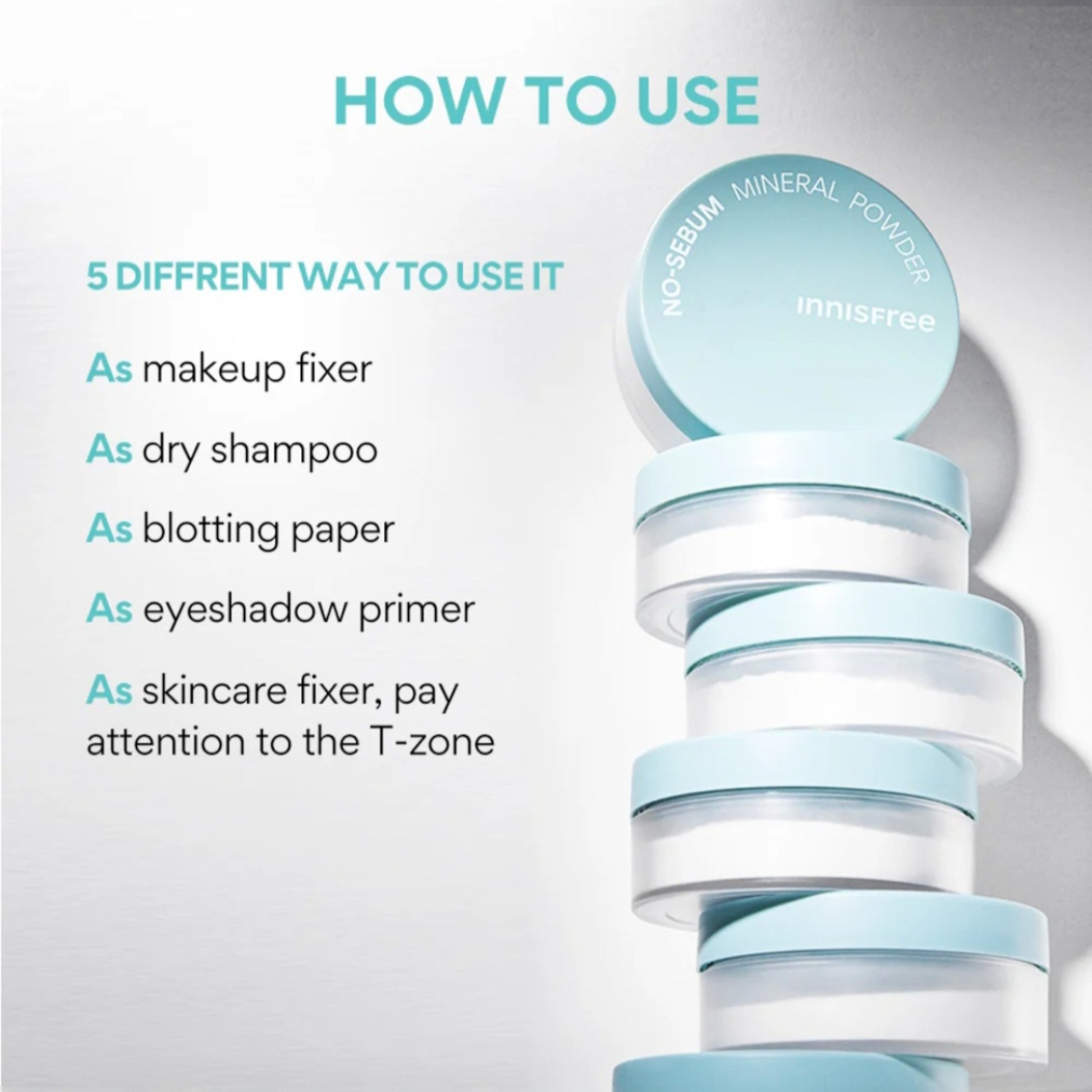 INNISFREE No-Sebum Mineral Powder, pudră minerală matifiantă care controlează excesul de sebum și lasă pielea catifelată.