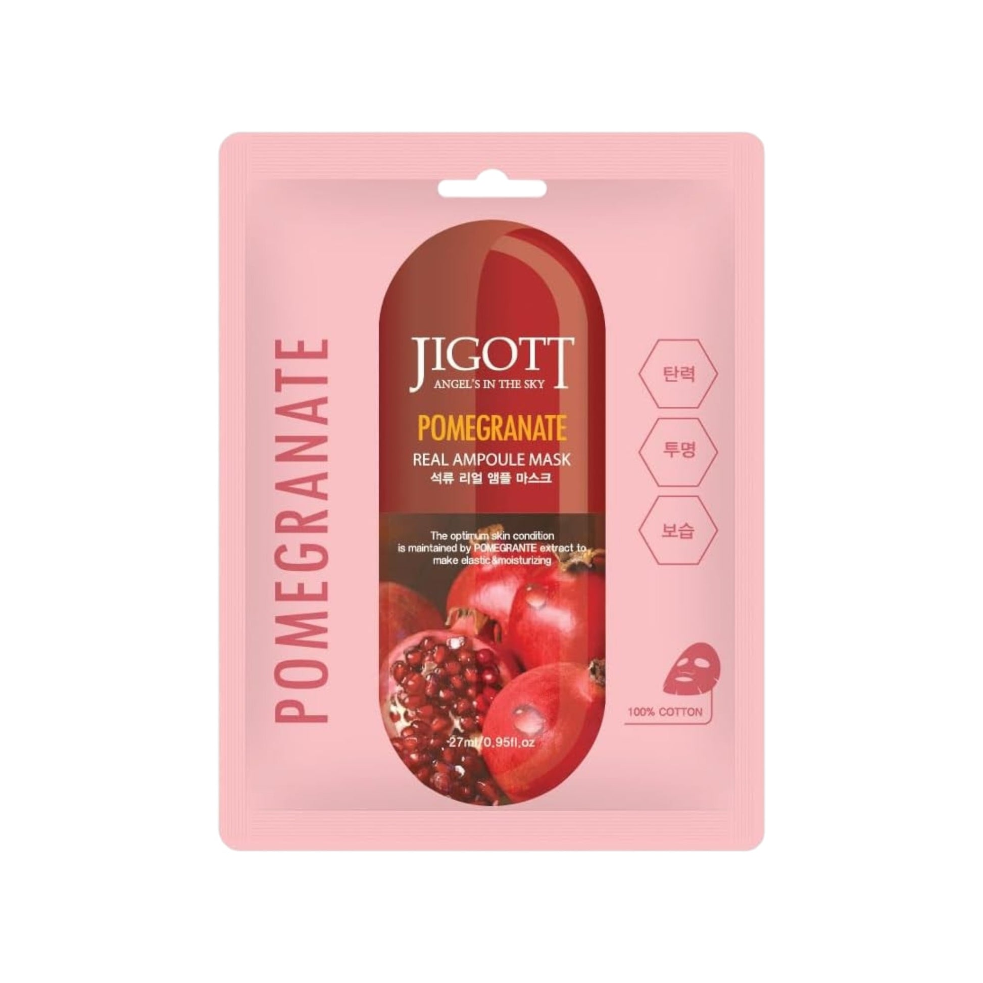 Masca servetel JIGOTT Pomegranate Real Ampoule Mask, cu extract de rodie si fructe, pentru hidratare intensa si luminozitate.