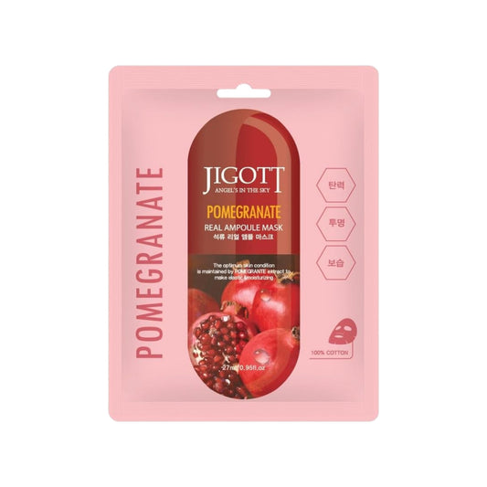 Masca servetel JIGOTT Pomegranate Real Ampoule Mask, cu extract de rodie si fructe, pentru hidratare intensa si luminozitate.