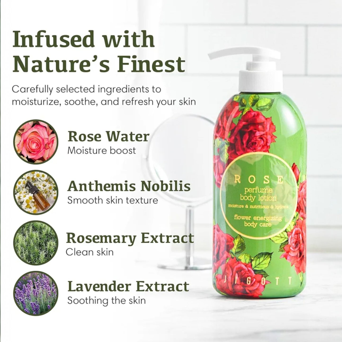 JIGOTT Rose Perfume Body Lotion 500 ml, lapte de corp hidratant cu parfum de trandafir, catifeleaza si lasa pielea fina