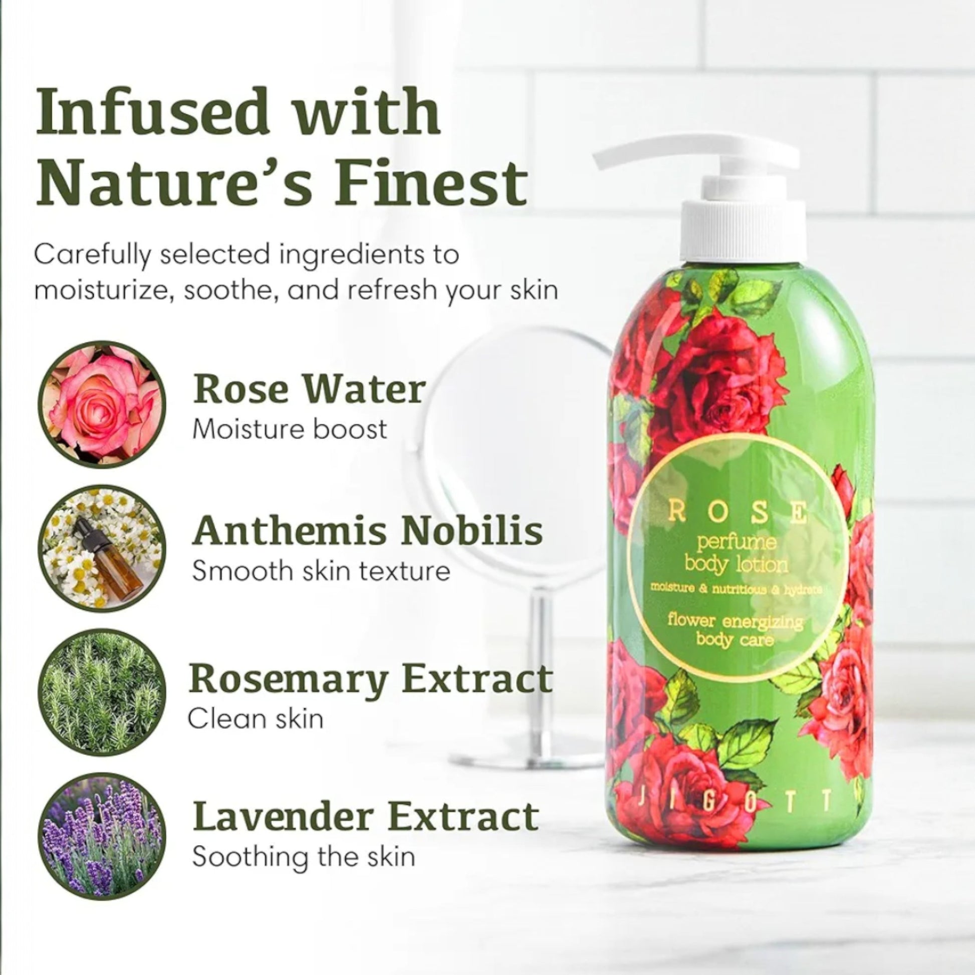 JIGOTT Rose Perfume Body Lotion 500 ml, lapte de corp hidratant cu parfum de trandafir, catifeleaza si lasa pielea fina