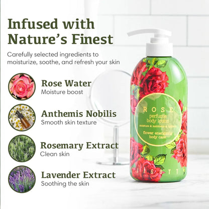 JIGOTT Rose Perfume Body Lotion 500 ml, lapte de corp hidratant cu parfum de trandafir, catifeleaza si lasa pielea fina