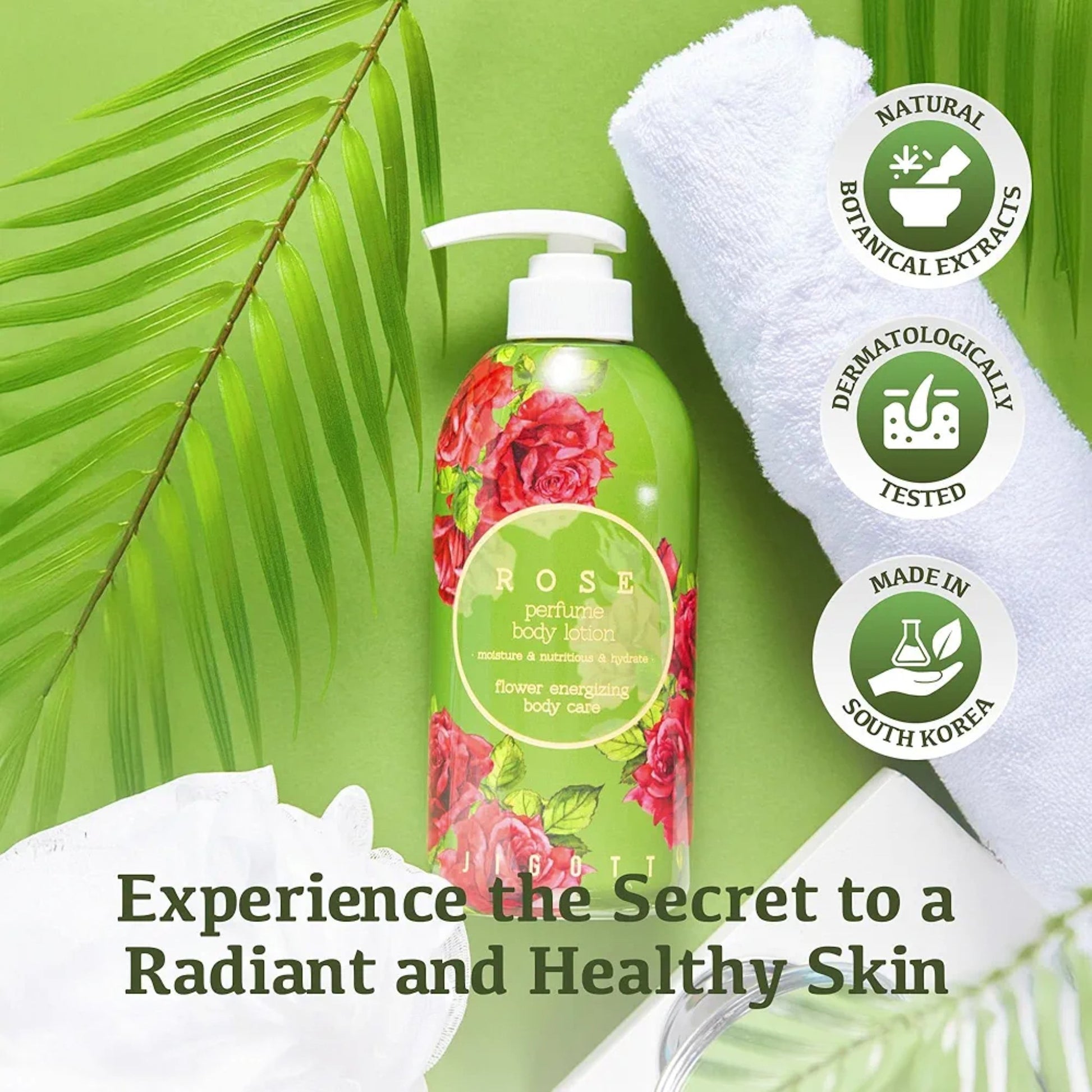 JIGOTT Rose Perfume Body Lotion 500 ml, lapte de corp hidratant cu parfum de trandafir, catifeleaza si lasa pielea fina