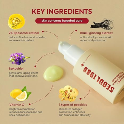 K Secret Seoul 1988 serum retinal liposome 2% + black ginseng pentru fermitate si imbunatatirea texturii pielii, ser concentrat anti-age.