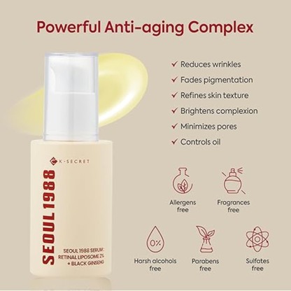 K Secret Seoul 1988 serum retinal liposome 2% + black ginseng pentru fermitate si imbunatatirea texturii pielii, ser concentrat anti-age.