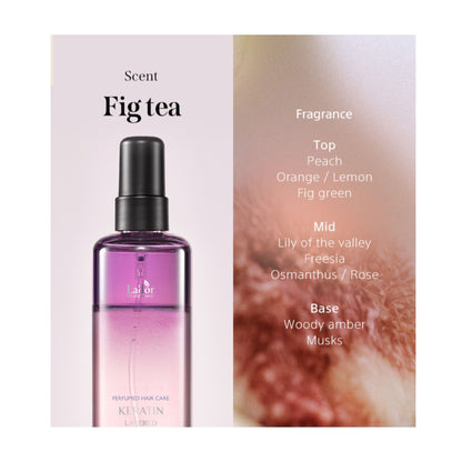 Note parfum Lador Keratin Layered Oil Mist Fig Tea cu piersica lamaie smochina si note lemnoase
